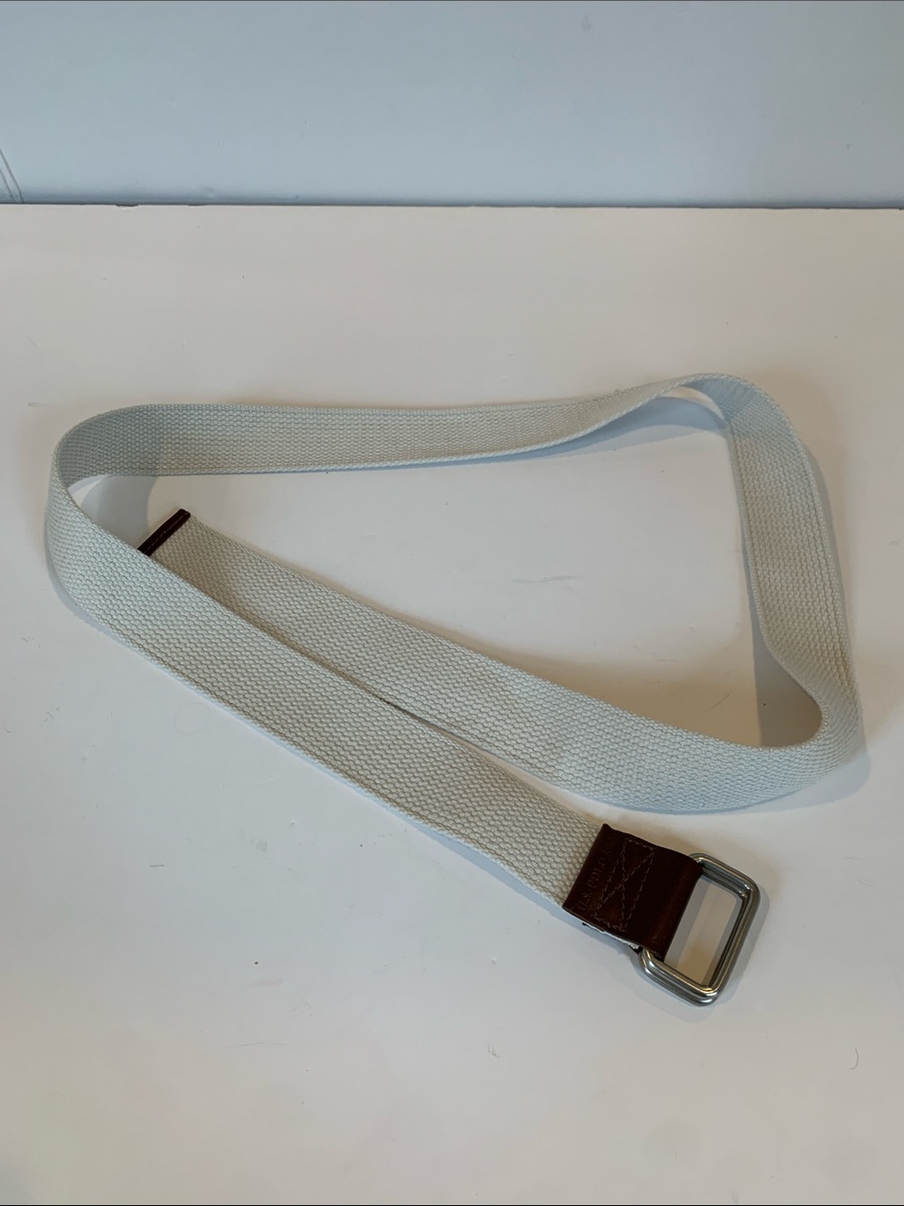 U.S. Polo Assn. Men’s Cream Canvas Web Belt Size 38 Brown Faux Leather Trim